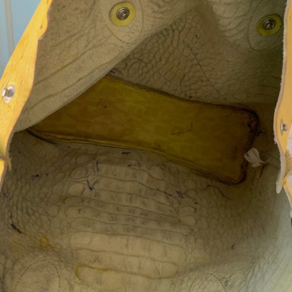FURLA Yellow Crocodile Embossed Leather Divided Two Top Handle Tote Bag - Picture 6 of 7